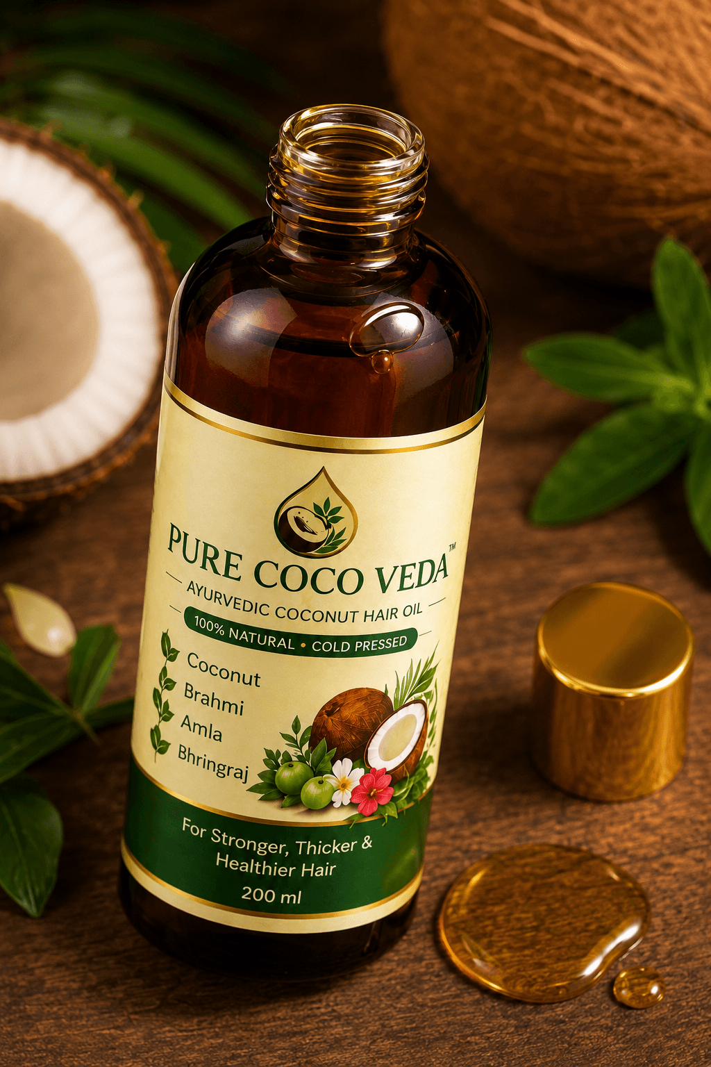 A bottle of Pure Coco Veda Ayurvedic Coconut Hair Oil on a wooden surface, surrounded by coconut halves, green leaves, and a gold cap lying beside it.